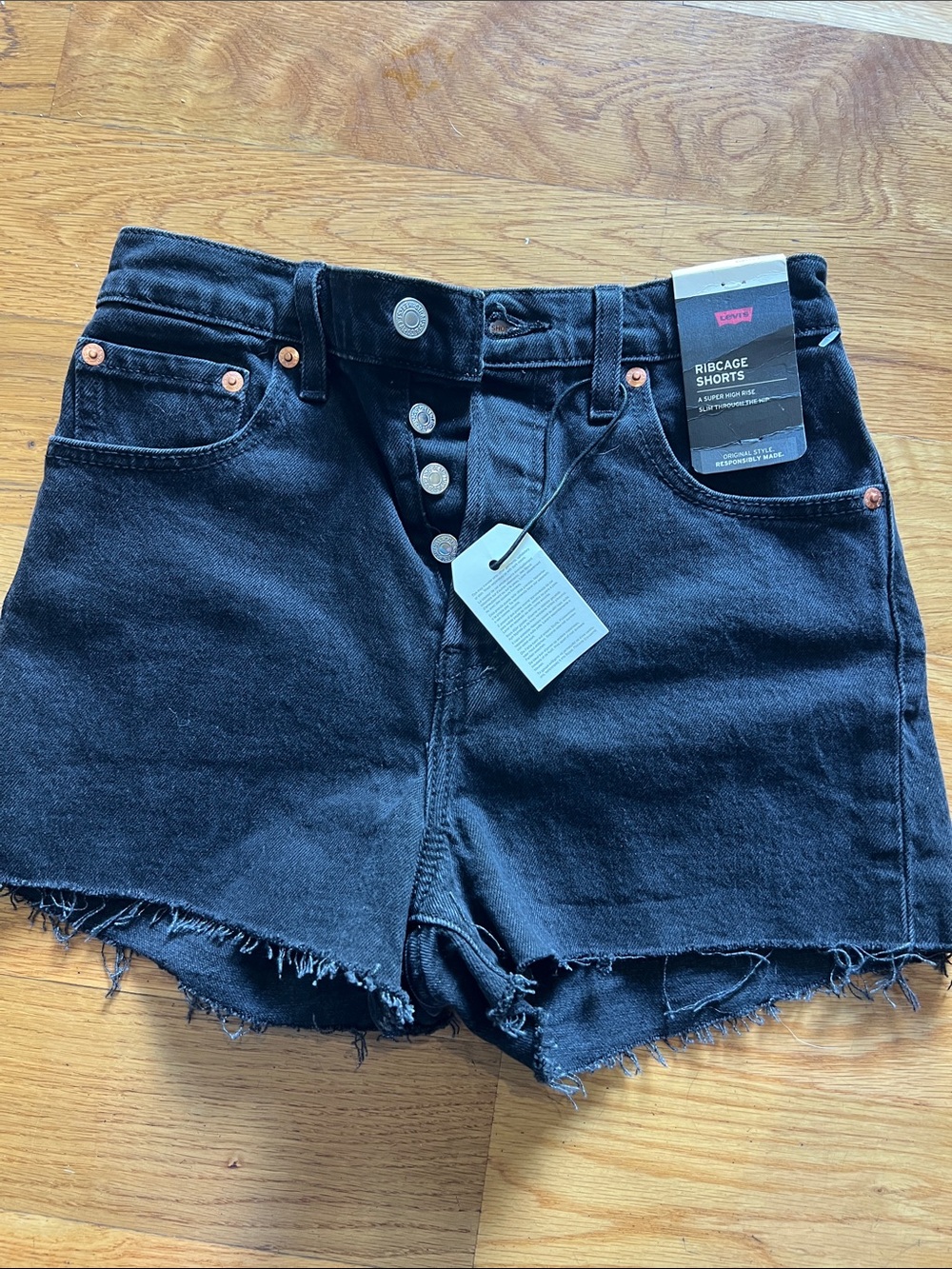 Levi's Black Ribcage High-Rise Raw Hem Denim Shorts